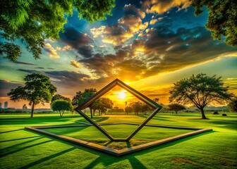 Wall Mural - Silhouette of Geometric Shapes Encircling Lush Green Park at Sunset