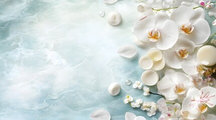 Poster - Elegant white orchid flowers in soft focus with soothing botanical background  Serene and tranquil spa like atmosphere with minimalist natural design  Beautiful floral and template for relaxation