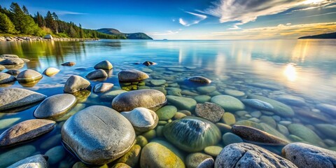 Wall Mural - Smooth Stones in Shallow Water, Long Exposure Seascape Photography