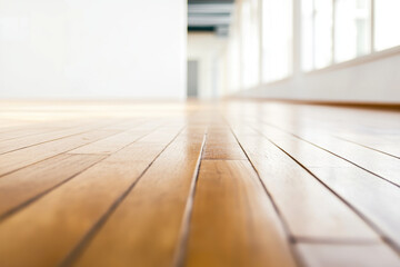 Canvas Print - close up view of polished wooden flooring in spacious, bright interior. warm tones of wood create welcoming atmosphere, enhancing overall aesthetic of room