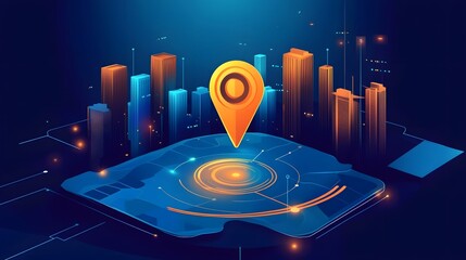 Aufkleber - Futuristic city skyline with interactive map marker and location pin displayed on a smart device screen representing digital technology navigation and data analytics in an urban