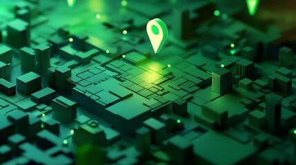 Leinwandbilder - Futuristic digital landscape with glowing green geometric shapes circuit boards and technology symbols  Abstract digital background representing intelligence