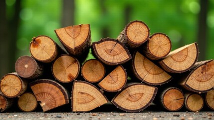 Aufkleber - A neatly stacked pile of freshly cut wood logs, showcasing their natural wood grain and texture, rests against a softly blurred verdant background