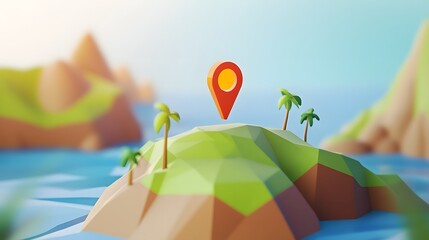 Poster - Global Positioning System Map Marker Icon on a Low Poly Polygonal Tropical Landscape Background with Mountains Islands Palm Trees and Ocean  Digital in a Minimalist Geometric Style