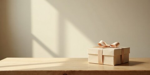 Poster - A delicately wrapped gift box sits on a light wooden surface, bathed in soft sunlight streaming through a nearby window, creating a tranquil and celebratory mood.