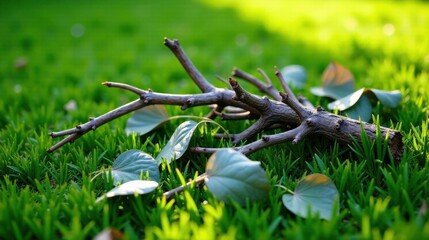 Aufkleber - Sunlight Illuminates a Broken Branch and Fallen Leaves Resting Gently on a Lush Green Lawn