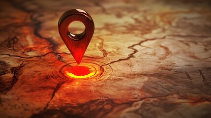 Aufkleber - Glowing navigation pointer icon on a rugged textured autumn landscape terrain  The image depicts a vibrant warm toned geological surface with a bright illuminated map marker or GPS locator symbol