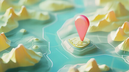Poster - GPS Map Navigation Pin Pointer Highlighting Travel Adventure Discovery Destination on Crumpled Paper Background with Minimalist Style