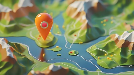 Poster - Green nature landscape with geolocation pin marker icon on digital map or mobile app interface  Concept of travel navigation tourism and outdoor