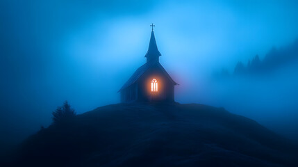 Wall Mural - A chapel perched on a misty hill, with blue flames glowing softly inside and lighting up the foggy air around it.