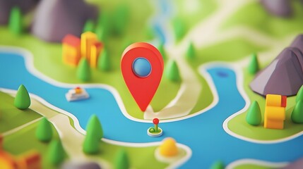 Aufkleber - Illustrated map depicting a scenic natural landscape with a prominent red navigation pointer or marker highlighting a specific location or destination