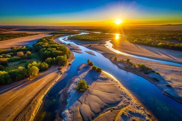 Wall Mural - Sunrise Aerial Panoramic: Dry Riverbed, Blue Sky, Horizon, Copy Space