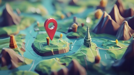 Aufkleber - Illustrated geographic map with red location pointer marker pinned on a mountainous terrain landscape representing travel destination