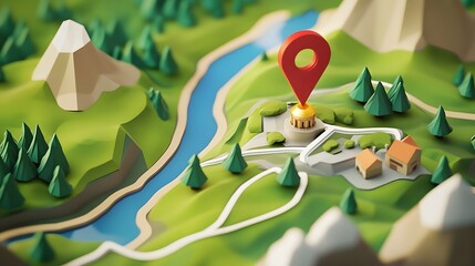 Wall Mural - illustrated map of a scenic outdoor landscape with a location marker pinpointing a destination or la