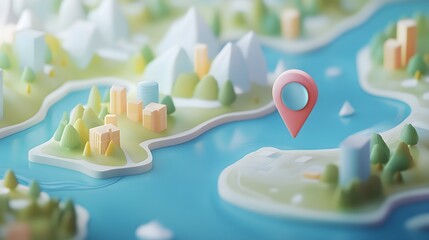 Aufkleber - Illustrated map with colorful mountains rivers and islands featuring a location pin and route markers on a beautiful natural landscape