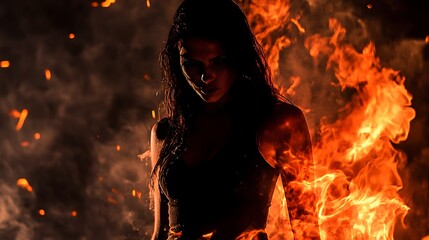 Poster - Intense and dramatic image depicting the silhouette of a female figure surrounded by a raging inferno conveying a sense of power mystery and the destructive force of fire  The scene has a moody