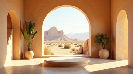 Poster - Serene Desert Oasis Architectural Display with Desert Vista and Lush Potted Plants