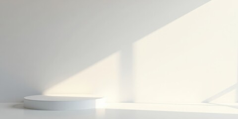 Aufkleber - A minimalist white circular pedestal in a sunlit room with a blank wall, ideal for product display or presentation.