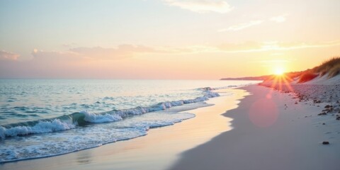 Aufkleber - Serene Sunset Over a Sandy Shore, Gentle Waves Rolling In, Peaceful Coastal Scene