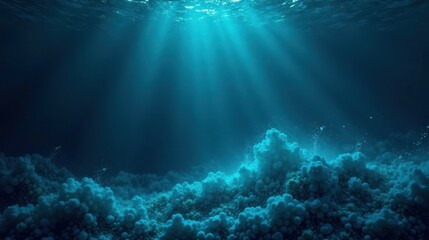 Poster - Serene Underwater Scene Sunbeams Illuminate Mysterious Deep Ocean Floor with Unique Coral Formations