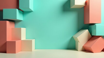 Poster - Abstract Pastel Cube Arrangement Against a Teal Background Featuring a Minimalist Product Display