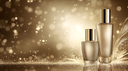 Poster - Stunning and luxurious metallic beauty products including perfume bottles and cosmetic containers against a shimmering sparkling golden background  These high end