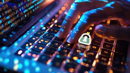 Hacker coding cybersecurity at night, data background