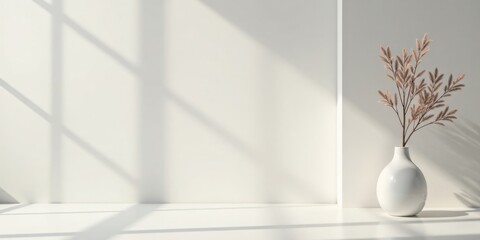 Aufkleber - Serene Minimalist Interior Design White Vase with Dried Floral Arrangement, Sunlight Streaming Through Window, Creating Soft Shadows on a Pristine Wall
