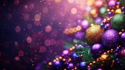 Wall Mural - Shimmering Holiday Magic, Festive Ornaments and Bokeh Lights Create an Enchanting Winter Scene