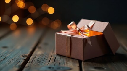 Poster - A delicately tied gift box rests on a rustic wooden surface, illuminated from within, creating a warm and inviting glow against a bokeh background.