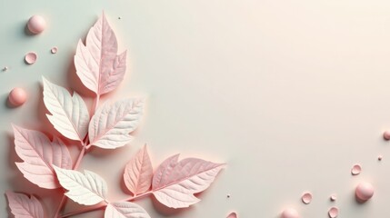 Poster - Pastel Pink Leaves and Spheres on a Soft Background Elegant Minimalist Design