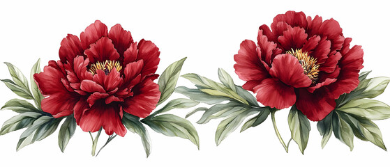 Sticker - Two red peonies, leaves, white background