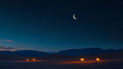 Wall Mural - Beautiful lanterns illuminating the desert at night under a crescent moon sky, capturing the spirit of ramadan and eid celebrations in a peaceful and magical atmosphere
