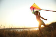 © New Africa - Cute little child playing with kite outdoors at sunset. Spending time in nature
