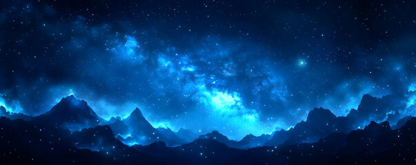 Sticker - Blue nebula over mountains, night. Fantasy backdrop