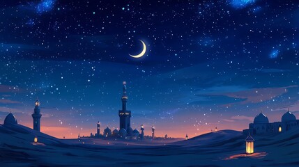 Wall Mural - Beautiful lanterns illuminating the desert at night under a crescent moon sky, capturing the spirit of ramadan and eid celebrations in a peaceful and magical atmosphere

