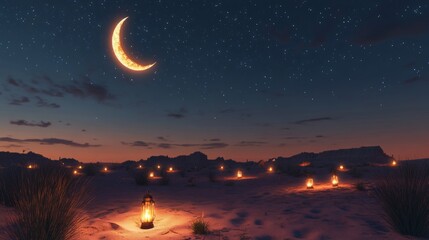 Wall Mural - Beautiful lanterns illuminating the desert at night under a crescent moon sky, capturing the spirit of ramadan and eid celebrations in a peaceful and magical atmosphere
