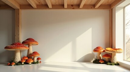 Aufkleber - Serene Minimalist Room Decor Featuring Large Decorative Mushrooms in a Sunlit Corner