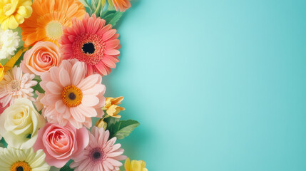 Wall Mural - Bright floral composition featuring colorful flowers on turquoise background, creating cheerful and vibrant atmosphere. Perfect for spring and summer themes