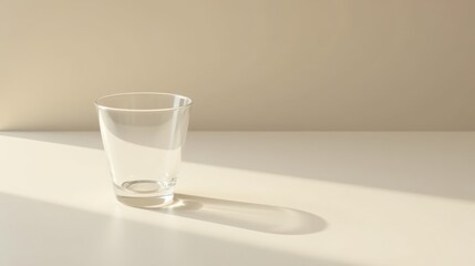 Aufkleber - A single empty glass sits on a minimalist surface, bathed in soft sunlight, casting a delicate shadow, creating a serene and tranquil scene.