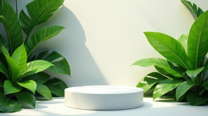 Poster - A serene minimalist display featuring a pristine white cylindrical pedestal encircled by vibrant, lush green foliage, bathed in soft sunlight