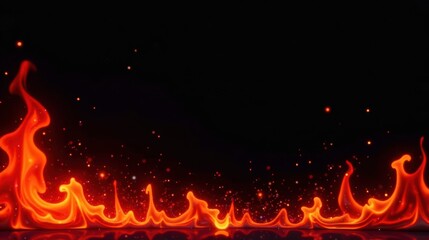 Poster - Fiery orange and red flames with incandescent embers against a dark background, ideal for design projects needing a dramatic and intense visual effect.