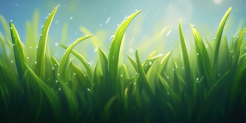 Wall Mural - Dew-covered grass blades in morning light at a quiet field