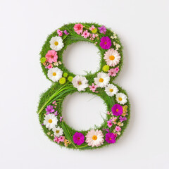 Wall Mural - Floral number 8 made of grass and colorful flowers, symbolizing nature and celebration. This vibrant arrangement showcases variety of blooms, perfect for events