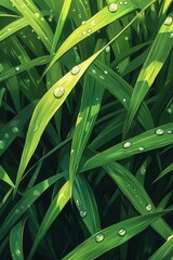 Wall Mural - Dewdrops on vibrant green grass at dawn in a garden