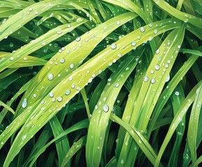 Wall Mural - Dewdrops glisten on vibrant grass blades in morning light