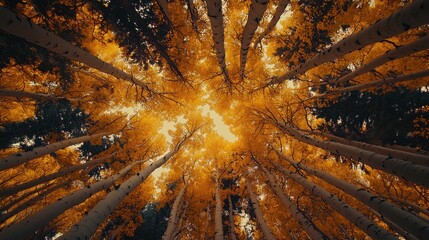 Sticker - Golden aspen trees in autumn forest, viewed from below. Perfect for fall themes, nature, and tranquility.