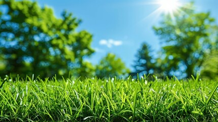 Wall Mural - A lush green field with trees in the background and a bright blue sky. The grass is short and the sun is shining brightly