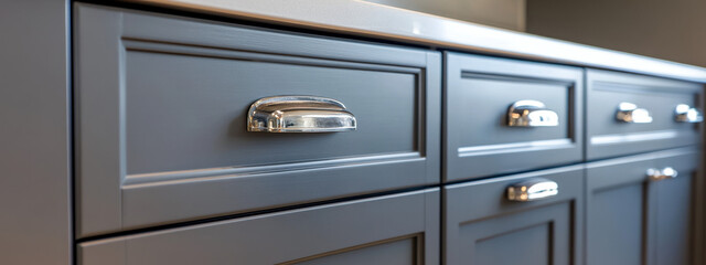 Close-up of modern kitchen cabinets with sleek silver handles, showcasing elegant craftsmanship and contemporary style in muted blue tones.