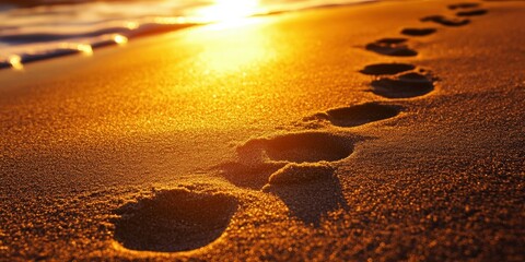 Wall Mural - Footprints on the shore at sunset near the ocean